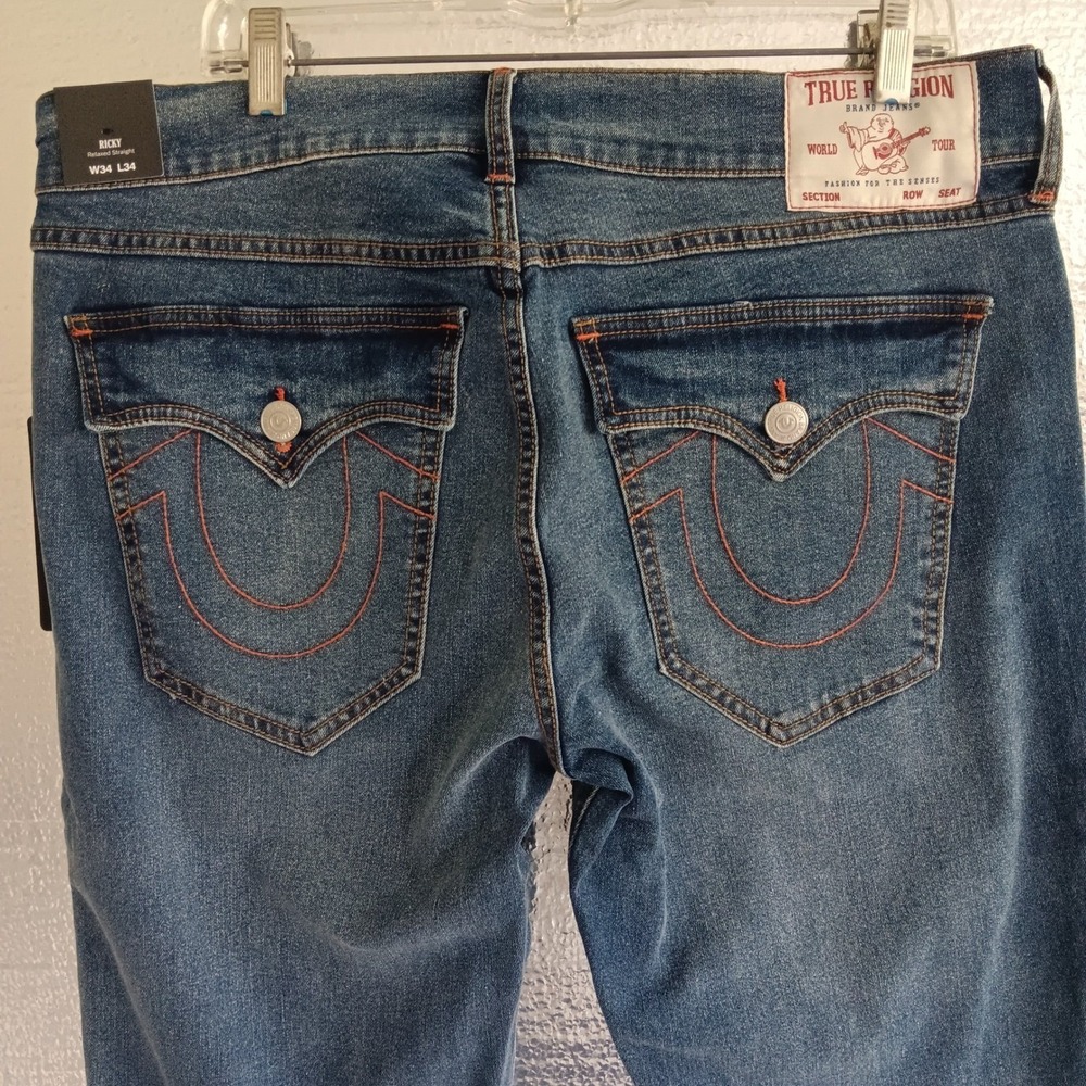 True Religion Ricky Straight Jeans Mens 34x34 *36x34 Blue NWT Flap Pocket 700644